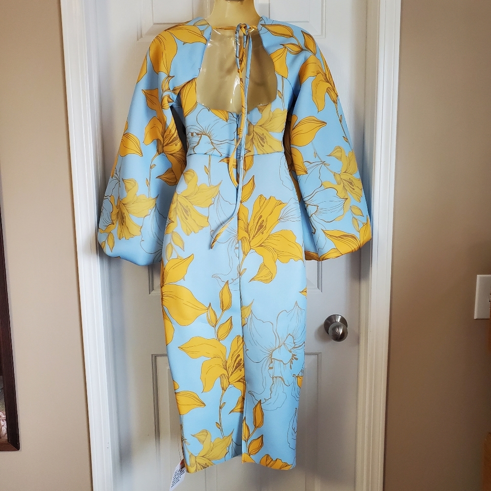 ASOS Floral Midi Dress in Blue and Yellow - Picture 4 of 6
